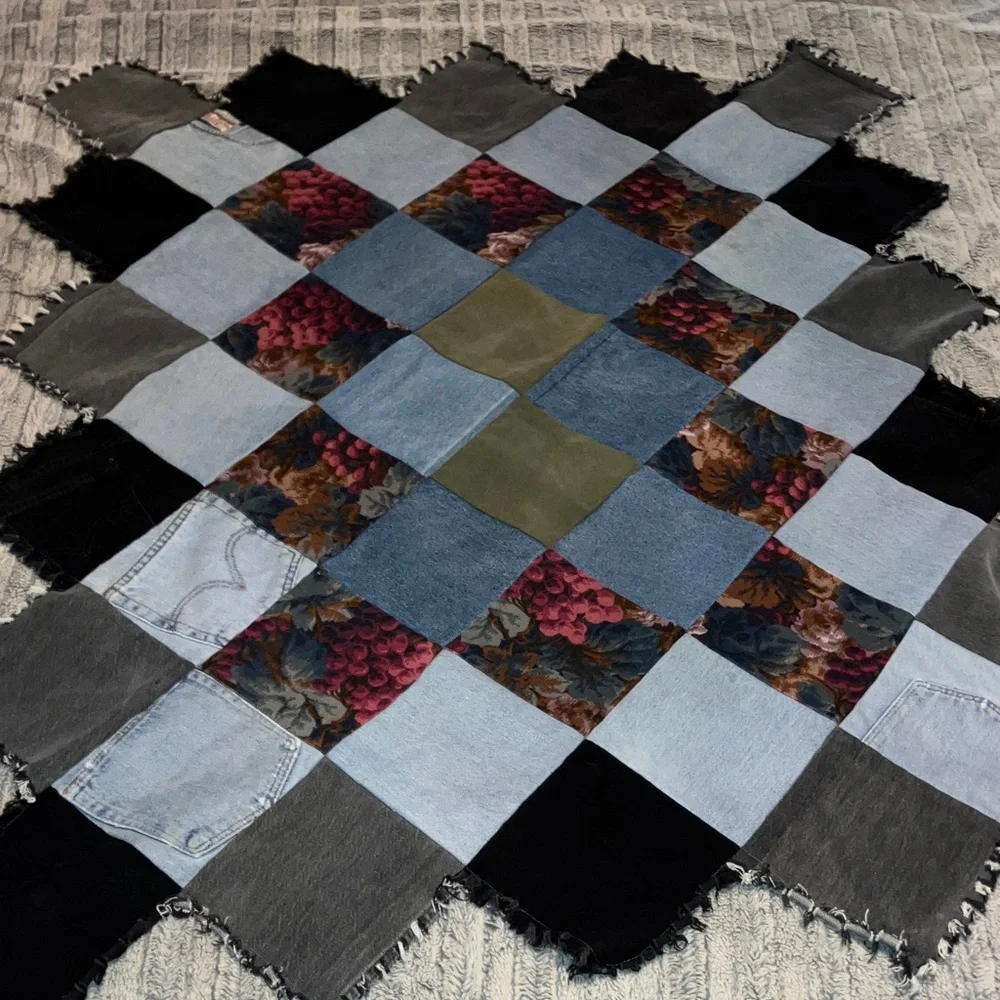 Patchwork Denim and Floral‎ Throw Blanket